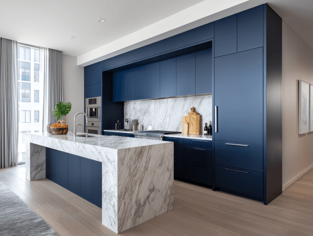 Professional installation of modern kitchen cabinets with marble island in a Boston home